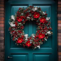 a green door with a wreath on it