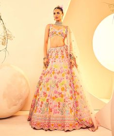 Showcasing a timeless botanical pattern lehenga set. The lehenga is fully embroidered by hand. It features botanical elements created with sequins, colourful Japanese cutdana and beadwork. Botanical Elements, Botanical Pattern, Lehenga, Bead Work, Pattern, Color