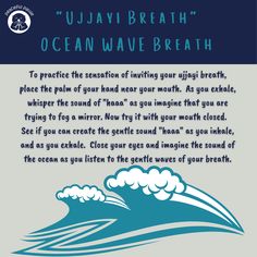 an ocean wave with the words ujjavi breath written in blue and white