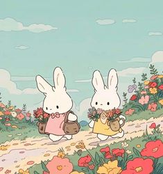 two white rabbits walking down a path with flowers in their hands and one carrying a purse