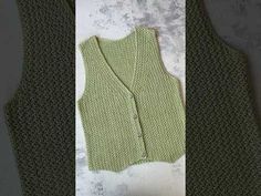 two pictures of green knitted vests, one showing the front and back sides