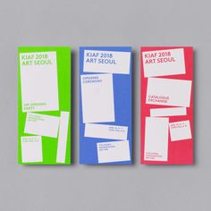 three brochures with different colors and designs on them