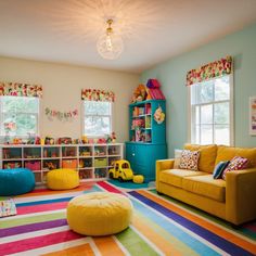 a child's playroom with colorful rugs and furniture