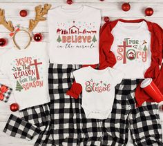 "Looking for a festive christmas shirt that represents your family's religious beliefs? Look no further than our family christian christmas shirts! Made with high quality materials, these shirts will make you feel proud to be wearing one of the most iconic christmas gifts. Whether you're celebrating religious christmas or just want to show your support for the holiday, these shirts are perfect for you. Plus, they're made to match other christmas items in your collection, so you can create a cohesive look that celebrates the true meaning of christmas. Order yours today and enjoy the holiday in style! * HOW TO ORDER *  ✺ Please, check and review all photos.  ✺ Choose your t-shirt size and color.  ✺ Click add to cart. You can go back to add more product ✺ At personalization confirm the design Christian Christmas Shirts, Retro Couple, Holiday Tees, Couple Holiday, Christmas Christian, Couples Holiday, Little Sister Gifts, Family Matching Christmas, Christmas Matching