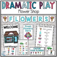 the flower shop flowers welcome sign is shown in front of a poster with words and pictures