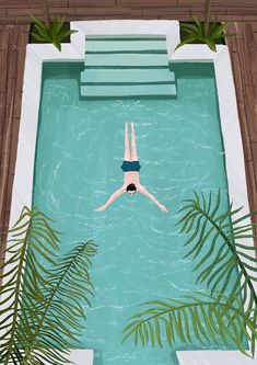 a woman swimming in a pool surrounded by palm trees and water features an illustration of a person diving into the pool