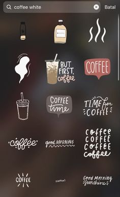 coffee stickers on the screen of a cell phone with an image of different types of coffee