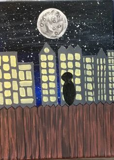 a painting of a cat sitting on a fence looking at the night sky and stars