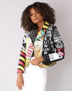 For Her NYC 81760 1 Piece Leather Jacket Color: Black Multi Sizes: S, M, L, XL, 1X, 2X Nyc Spring, Painted Leather Jacket, Maximalist Fashion, Nyc Fall, Painted Clothing, Hand Painted Clothing, Fashion Board, Top Fabric, New Wardrobe