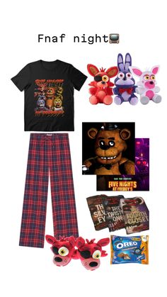 a group of items that include pajamas, t - shirts and stuffed animals