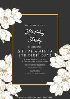 a black and white floral birthday party with gold frame on the bottom, in front of a