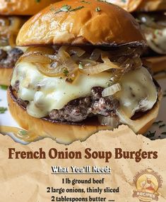 an advertisement for french onion soup burgers with cheese and onions on a white plate