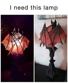 a lamp that looks like a bat hanging from it's side and the caption says, i need this lamp