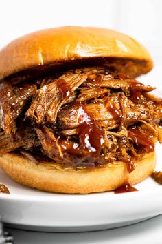 a pulled pork sandwich with bbq sauce on a white plate, ready to be eaten