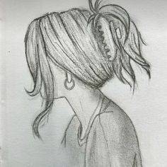 a pencil drawing of a woman's head with her hair pulled back in a ponytail