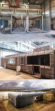 two pictures showing the inside and outside of a building with metal structures on each side