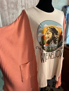 One of a Kind, Upcycled, Reworked Willie Nelson Tee with a light weight sweater kimono to make a One Size Fits most poncho tee.  Country Music, Thrifted, Reworked and Sewn by me. Love thrifting and matching items making a One of a kind shirt/poncho. Aggie Outfits, Reworked Sweater, Sweater Kimono, Clothing Refashion, Upcycled Tshirt, Reworked Clothes, Upcycle Clothing, Hat Bar, Costume Sewing