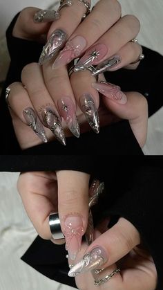 Molten Silver Nails, Douyin Grey Nails, Cute Long Nails Ideas Simple, Cool Chrome Nail Designs, Dark Style Nails, Nail Inspo Acrylic Winter, Nail Extension Designs With Stones, Nail Inspo Metallic, Nail Art Designs Silver