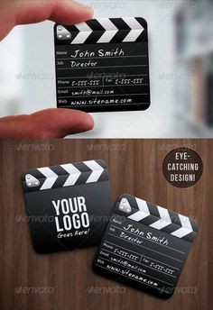 a hand holding a black and white business card with a movie clapper on it