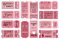 pink valentine's day party tickets with hearts on the front and back, all in different