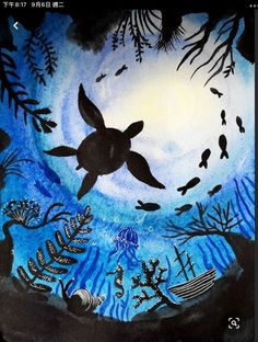 a painting of a turtle swimming in the ocean