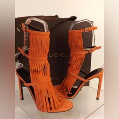 Suede Material With Adjustable Straps. 4 Inch Heels With Gold Metallic Logo Decal Underneath. No Box. Dust Bags Available Upon Request. Gucci Orange, Gladiator Sandals Heels, Gladiator Heels, Suede Fringe, Suede Material, 4 Inch Heels, Gucci Shoes, Metallic Logo, Heel Sandals