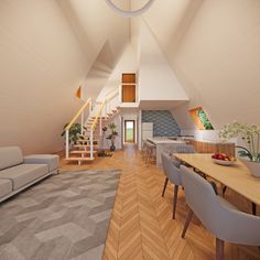 the interior of a modern house with wood flooring and white walls, stairs leading up to the second floor