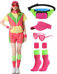 PRICES MAY VARY. Package includes: Neon tracksuit short-sleeved shirt, shorts, hat, wristband, glasses, two-color socks. Design: Multicolor stitching, short sleeves, elastic waistband, side pockets, womens color block 2 piece short jacket full set. Quality: Windbreaker short set fabric is thin and slightly elastic, with lining, breathable, soft and comfortable, suitable for spring and summer. Occasion: Perfect for 80’s/90’s themed party, Halloween, party, birthday, daily wear, sports exercise, s 80s Track Suit, 80s Tracksuit, Halloween Party Birthday, Windbreaker Outfit, Socks Design, Color Socks, Branding 101, Sports Exercise, Track Suit