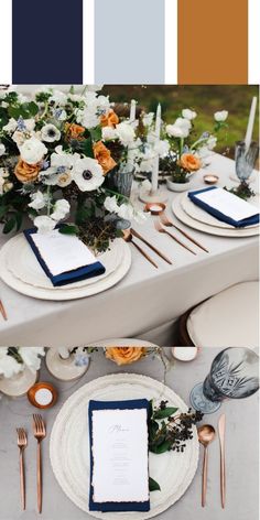 the table is set with white and blue plates, silverware, napkins, and flowers