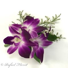 purple and white flowers are arranged on a white surface