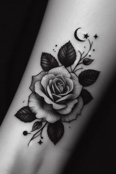 a black and white rose with leaves on the side of a woman's leg