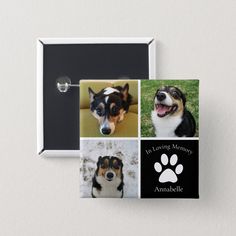 a collage of dogs with their pictures on them pinback button, which has the words in loving memory and an image of a dog's paw