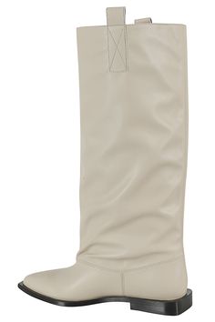 Western Wide Slouchy Flat Tubular boot - Ganni - safari color - recycled leather upper - flat heel - pointed design Casual Calf Leather Pointed Toe Boots, Beige Leather Knee-high Boots With Pointed Toe, Beige Calf Leather Boots For Fall, Beige Leather Knee-high Boots For Work, Casual Beige Calf Leather Boots, Casual Cream Leather Mid-calf Boots, Casual Cream Mid-calf Leather Boots, Recycled Leather, Sneaker Wedge