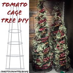 two christmas trees are next to each other with the words tomato cage tree diy