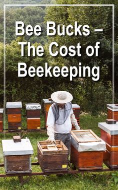 a man standing in front of bee boxes with the words bee bucks the cost of bee keeping