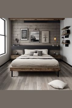 a bedroom with wood flooring and white walls, along with a large bed in the center