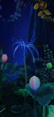 an animated scene with flowers and plants in the dark