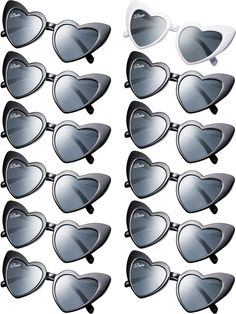 many pairs of heart shaped sunglasses are shown in different positions and sizes, all with mirrored lenses