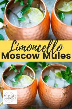 three moscow mules with lime and mint garnish in copper cups on a table