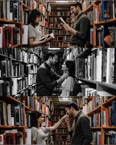 two people standing in front of bookshelves with one person touching the other's hand