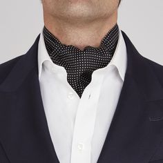 Black and White Small Spot Silk Ascot Tie | Turnbull & Asser Luxury Fitted Neckwear For Black Tie Events, Classic Fitted Neckwear For Black-tie Events, Formal Fitted Neck Tie, Classic Black Formal Neckwear, Elegant Tie Neck Formal Neckwear, Cool Wedding Guest, Crochet Scarf For Men, How To Crochet A Scarf, Crochet A Scarf