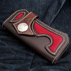 Japanese Tribal Red Stingray Leather Cowboy Biker Wallet  Genuine red stingray skin leather & dark brown cowhide.   Internal layout: 5 Credit Card Slots, 3 Bills Compartments and 1 Zip Compartment  Wallet size (closed): 4" x 7.5"  Wallet size (fully opened): 7" x 7.5" Red Leather Wallet With Card Slots, Red Leather Trifold Rectangular Wallet, Wallet Chains, Biker Wallet, Brown Cowhide, Belt Accessories, Stingray, Cleaning Jewelry, Cleaning Clothes