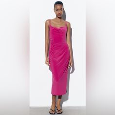 Draped Neck Midi Dress With Double Spaghetti Straps. Fuchsia | 1165/134 This Item Runs Big. Outer Shell 96% Polyester 4% Elastane Lining 96% Polyester 4% Elastane Like, Share And Follow For More Branded Clothes. Please Feel Free To Ask Me If You Have Any Questions. . Thank You For Stopping By/Shopping At Galan’s Closet. Hot Pink Silk Midi Dress, Zara Fuchsia Dress, Zara Pink Dress, Zara Models, Pink Slip Dress, Draped Neckline, Zara Dress, Fall Wardrobe, Barbie Fashion