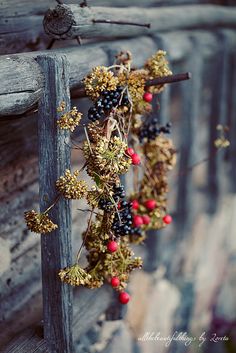 a wreath is hanging on the side of a wooden fence with berries and pine cones