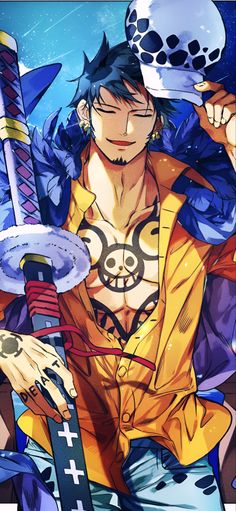 an anime character holding two swords and a skull on his head with other characters behind him