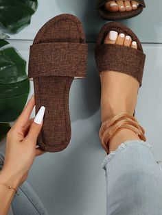 Brown  Collar   Plain  Embellished   Women Shoes Dresses Fashion Design, Work Sandals, Brown Plain, Flat Sandals For Women, Women Flat Sandals, Shoes Heels Classy, Fleece Tights, Style Français, Heels Classy