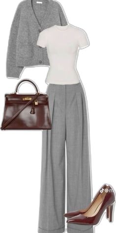 This outfit is perfect for a professional setting. The classic white tee and gray pants create a timeless look, while the cardigan adds a touch of warmth and style. The Hermes Birkin bag and burgundy pumps elevate the outfit and complete the sophisticated ensemble. #Workwear #OfficeFashion #ClassicStyle Work Outfits Women Business Casual, Stile Hijab, Design Moda, Moon Moon, Chique Outfits, Uni Outfits, Classy Style, Classy Work Outfits, Looks Street Style