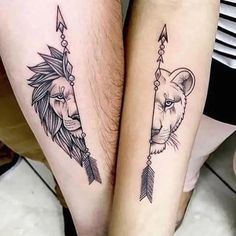 two people with tattoos on their legs, one has a lion and the other has an arrow