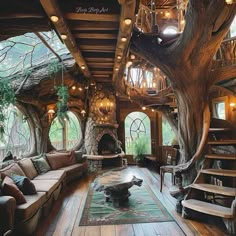 a living room filled with lots of furniture and trees growing out of the ceilings