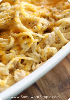 a casserole dish filled with chicken and noodles